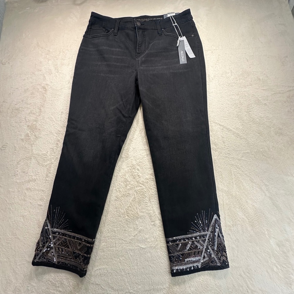 Chico's So Slimming Girlfriend Slim Leg Ankle Art Deco Embellished Jeans 1.5P 10